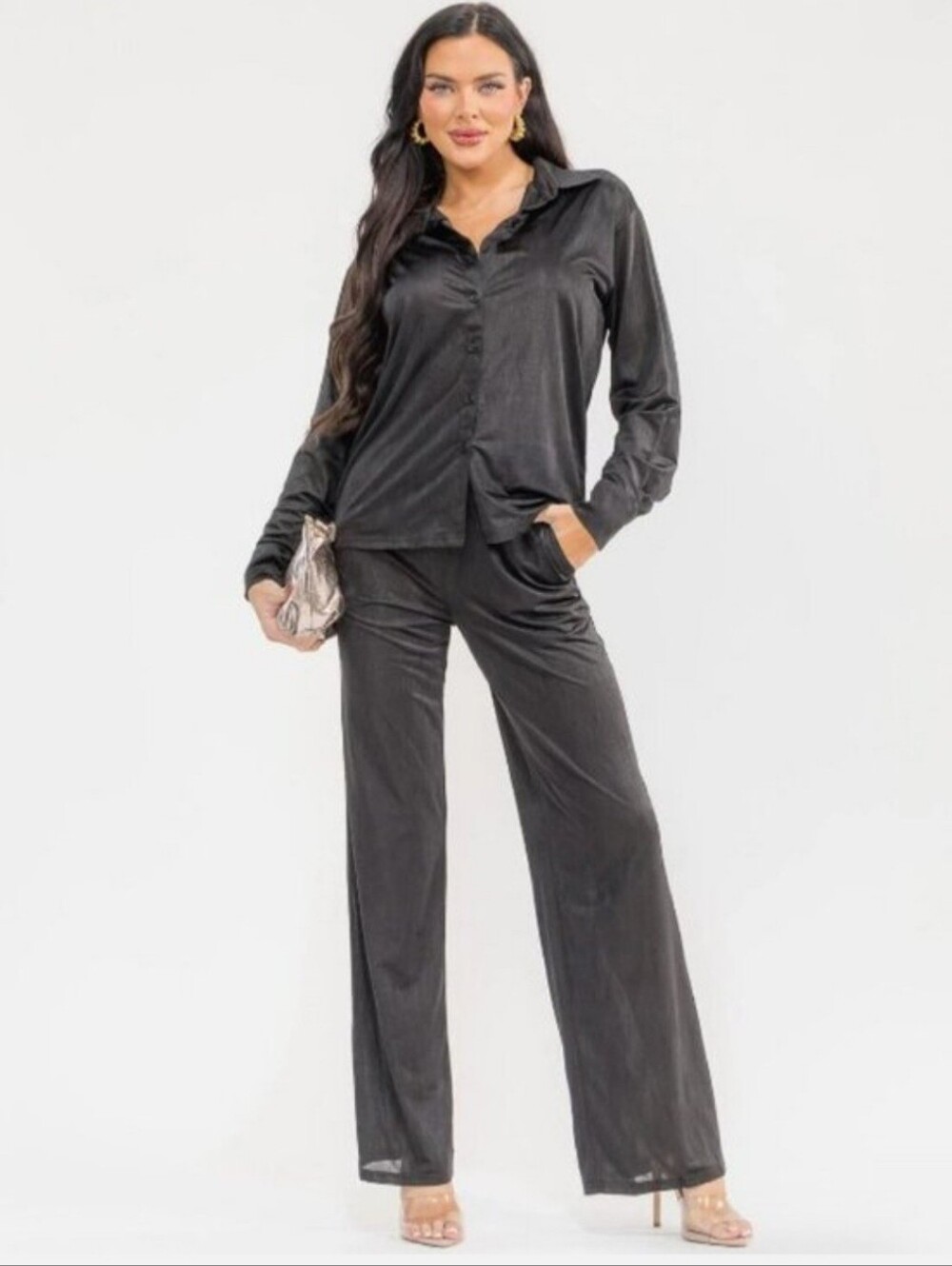 Black Satin Wide-Leg Pants - Women's Elegant Lounge Trousers SM